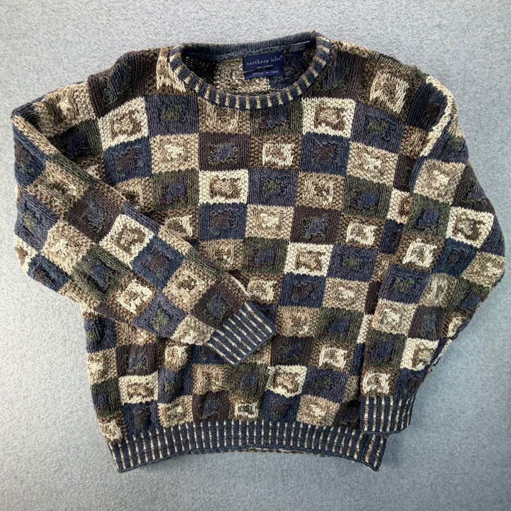 Northern Isles Hand Knitted Patchwork Checkerboard Sweater Mens Large Blue Brown